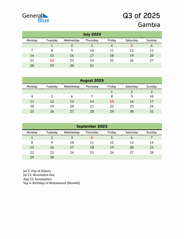 Quarterly Calendar 2025 with Gambia Holidays