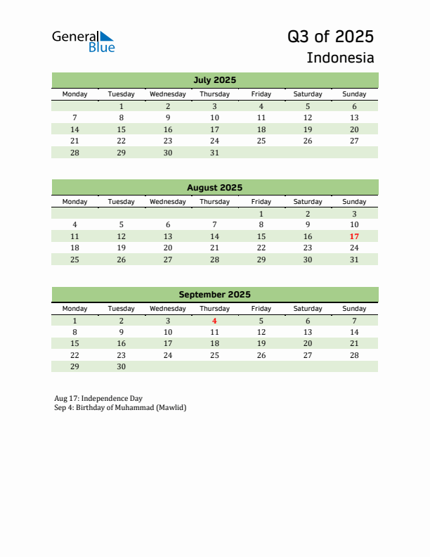 Quarterly Calendar 2025 with Indonesia Holidays