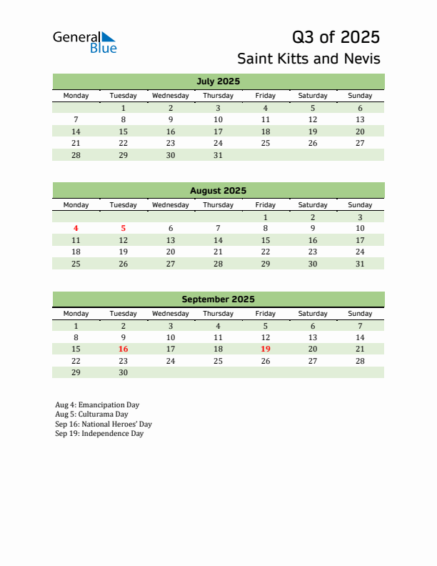 Quarterly Calendar 2025 with Saint Kitts and Nevis Holidays