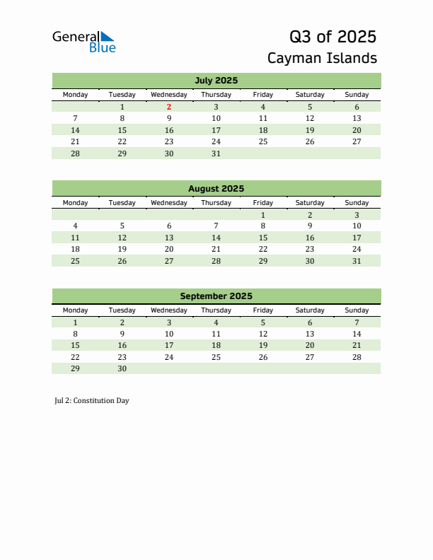 Quarterly Calendar 2025 with Cayman Islands Holidays