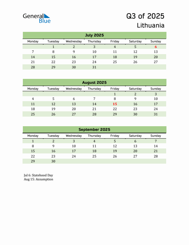 Quarterly Calendar 2025 with Lithuania Holidays