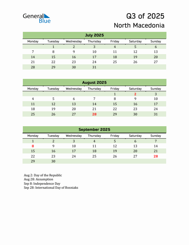 Quarterly Calendar 2025 with North Macedonia Holidays