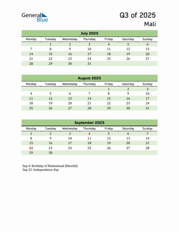 Quarterly Calendar 2025 with Mali Holidays