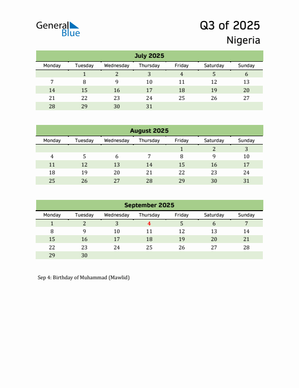 Quarterly Calendar 2025 with Nigeria Holidays