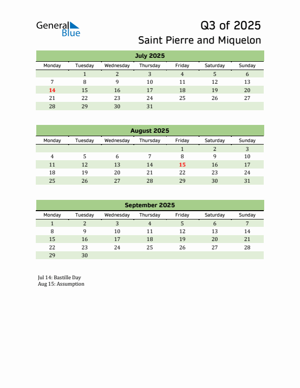 Quarterly Calendar 2025 with Saint Pierre and Miquelon Holidays