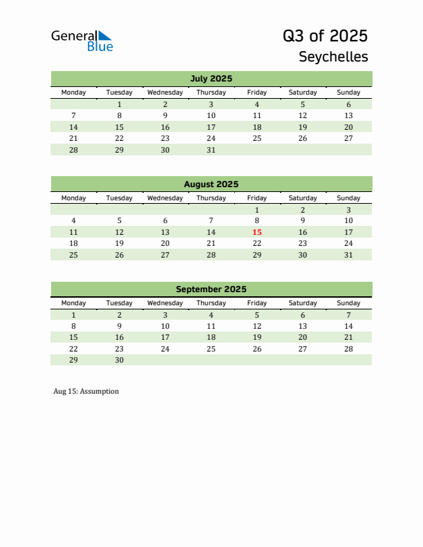 Quarterly Calendar 2025 with Seychelles Holidays
