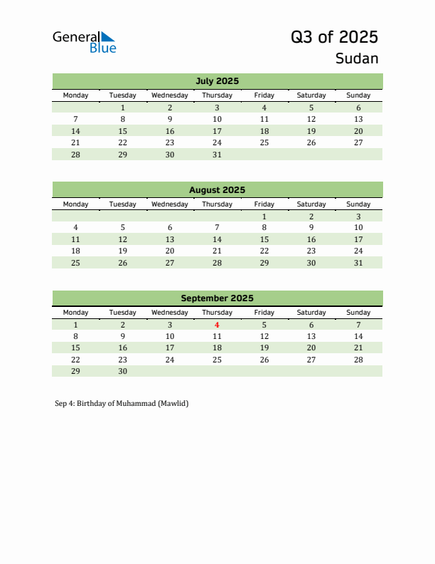 Quarterly Calendar 2025 with Sudan Holidays