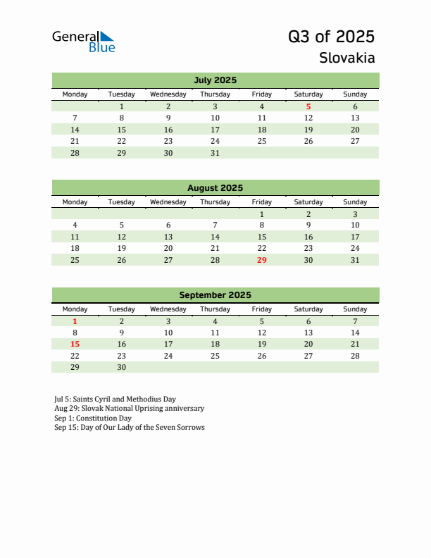 Quarterly Calendar 2025 with Slovakia Holidays