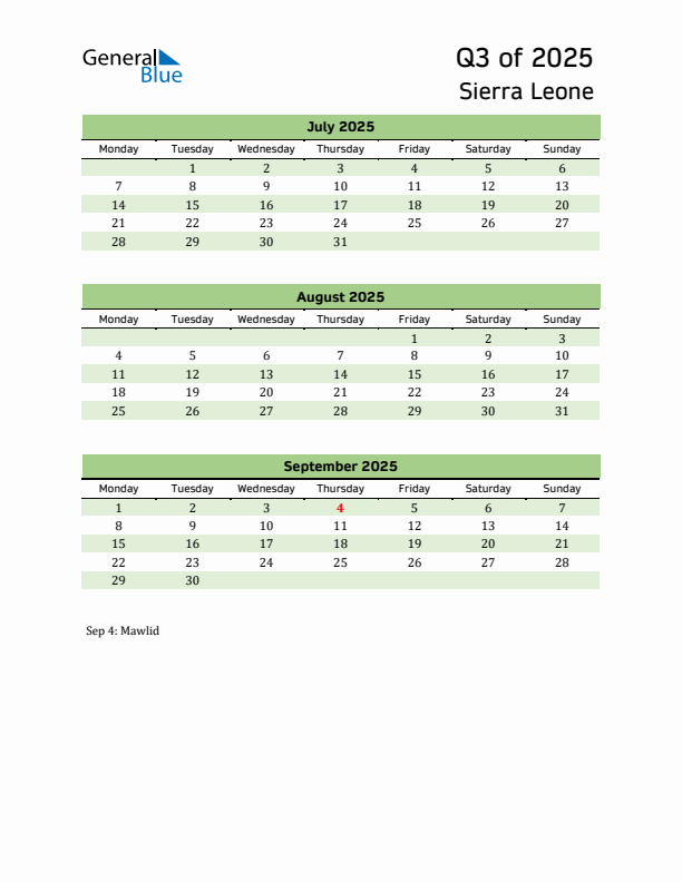 Quarterly Calendar 2025 with Sierra Leone Holidays