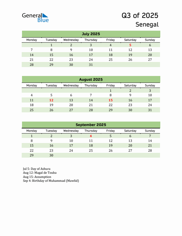 Quarterly Calendar 2025 with Senegal Holidays