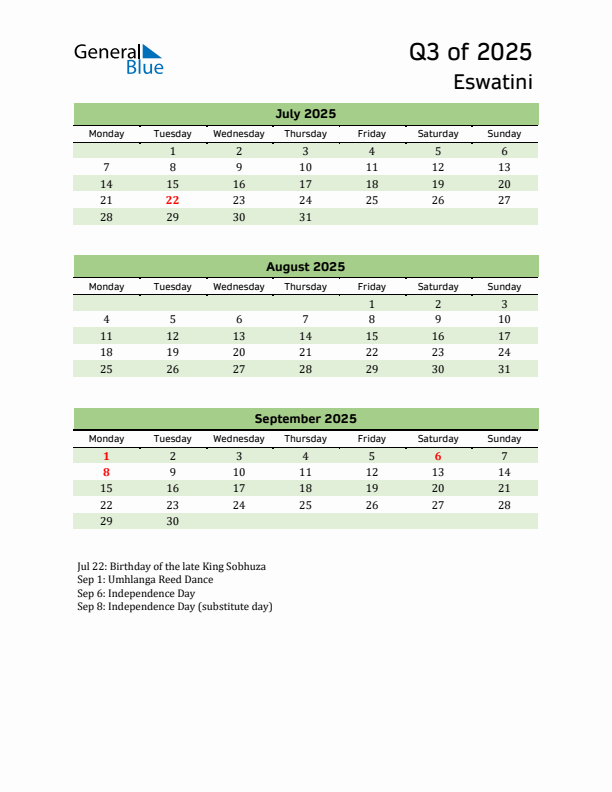 Quarterly Calendar 2025 with Eswatini Holidays