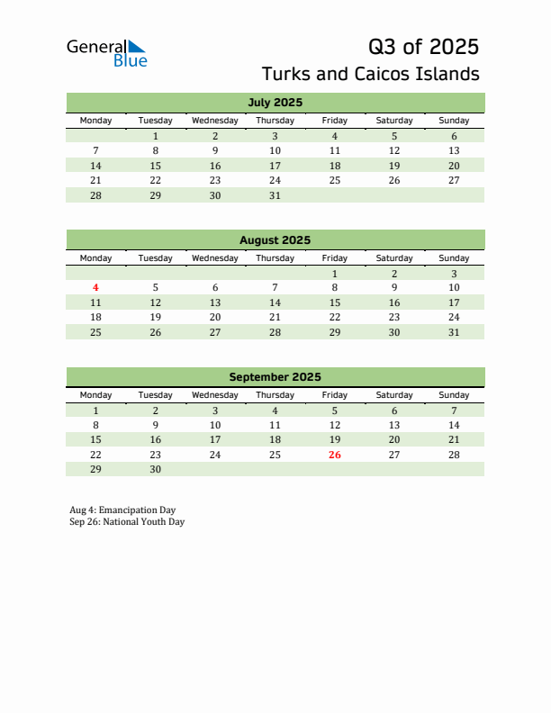 Quarterly Calendar 2025 with Turks and Caicos Islands Holidays