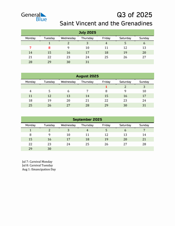 Quarterly Calendar 2025 with Saint Vincent and the Grenadines Holidays
