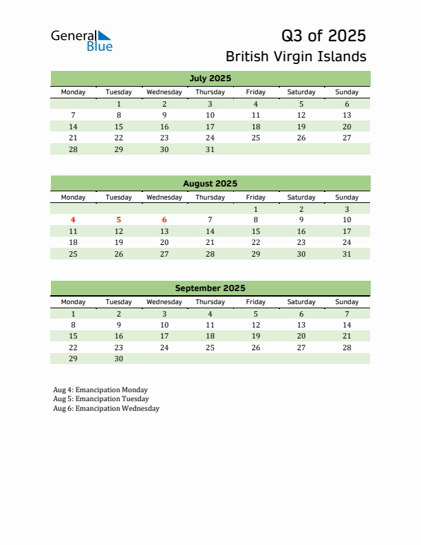 Quarterly Calendar 2025 with British Virgin Islands Holidays