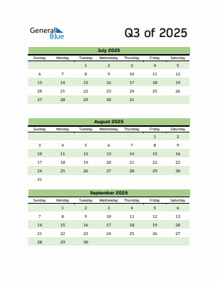 Quarter 3  2025 calendar template