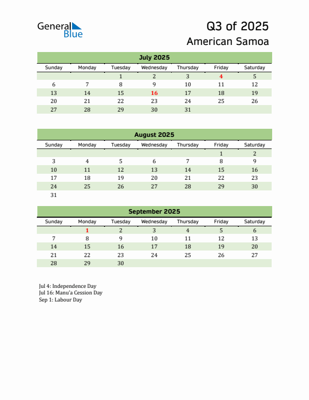 Quarterly Calendar 2025 with American Samoa Holidays