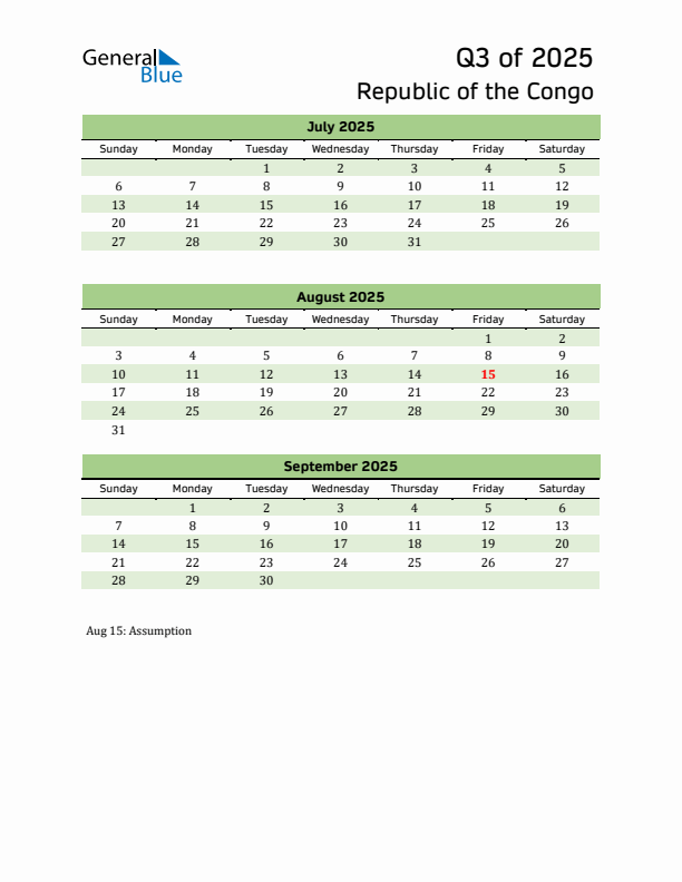 Quarterly Calendar 2025 with Republic of the Congo Holidays