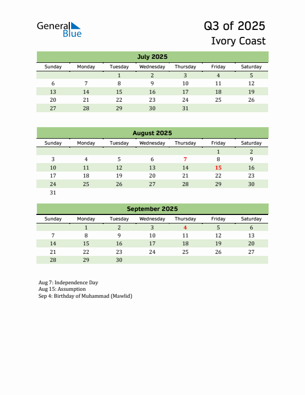 Quarterly Calendar 2025 with Ivory Coast Holidays