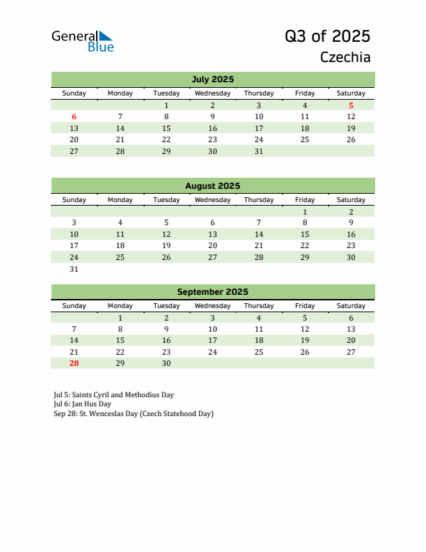 Quarterly Calendar 2025 with Czechia Holidays