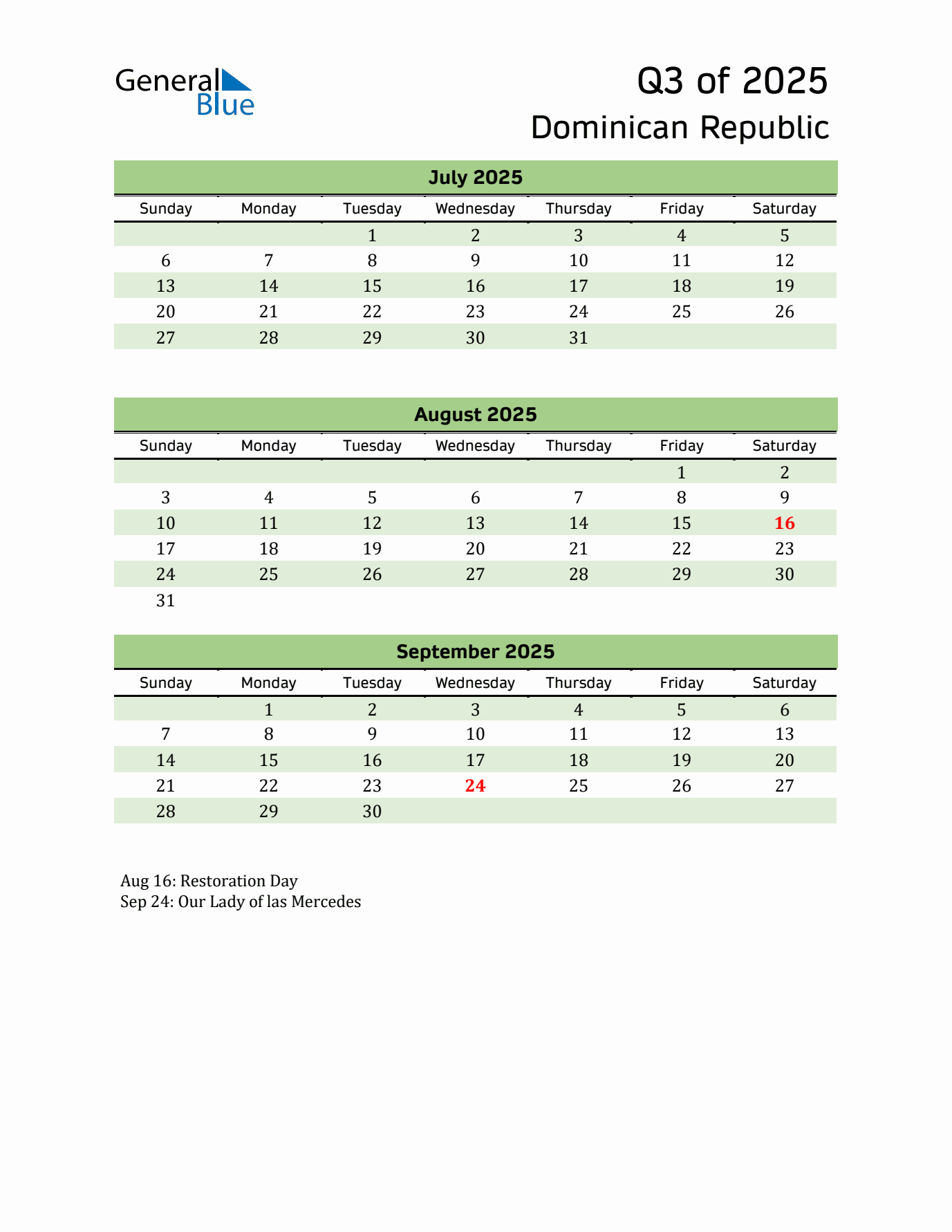 Quarterly Calendar 2025 with Dominican Republic Holidays