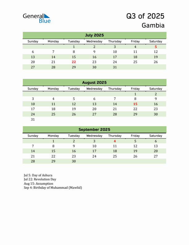 Quarterly Calendar 2025 with Gambia Holidays