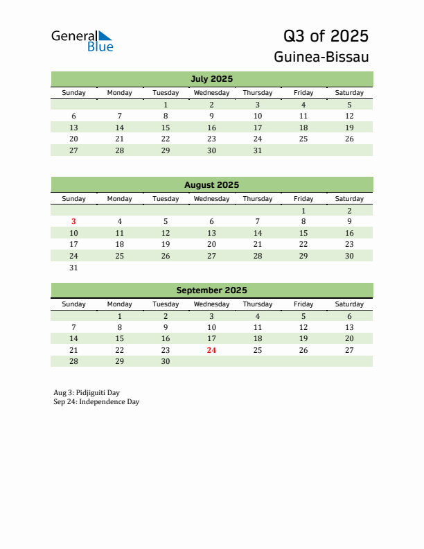 Quarterly Calendar 2025 with Guinea-Bissau Holidays