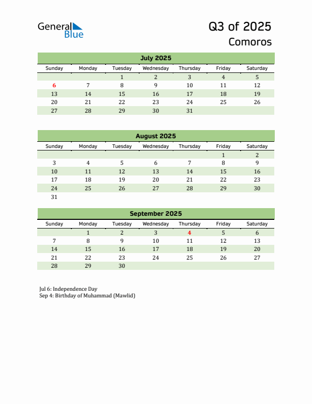 Quarterly Calendar 2025 with Comoros Holidays
