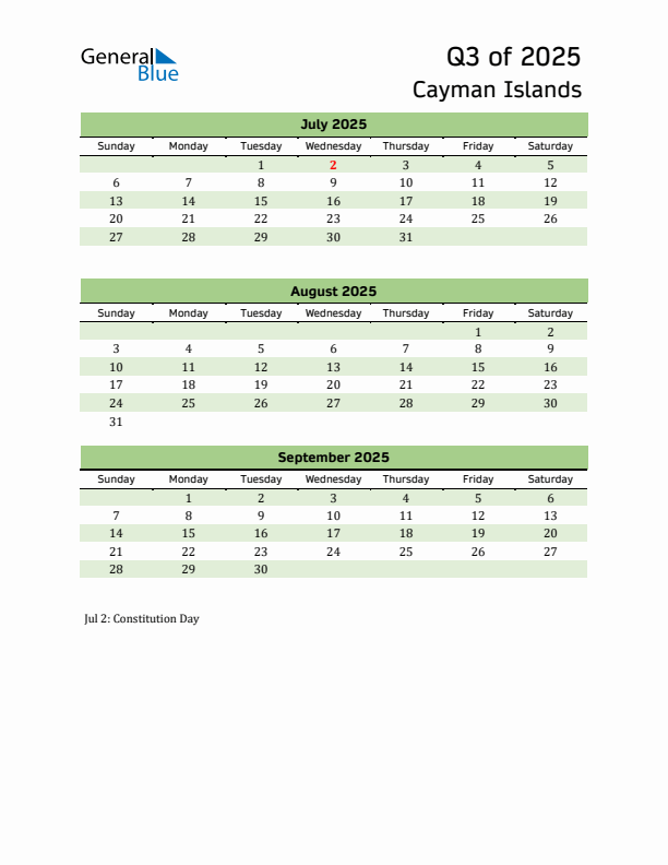 Quarterly Calendar 2025 with Cayman Islands Holidays