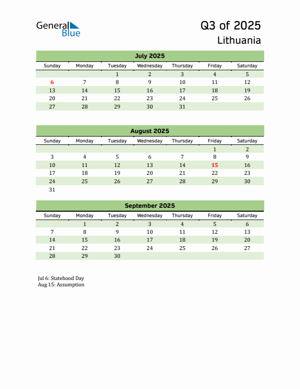 Quarterly Calendar 2025 with Lithuania Holidays