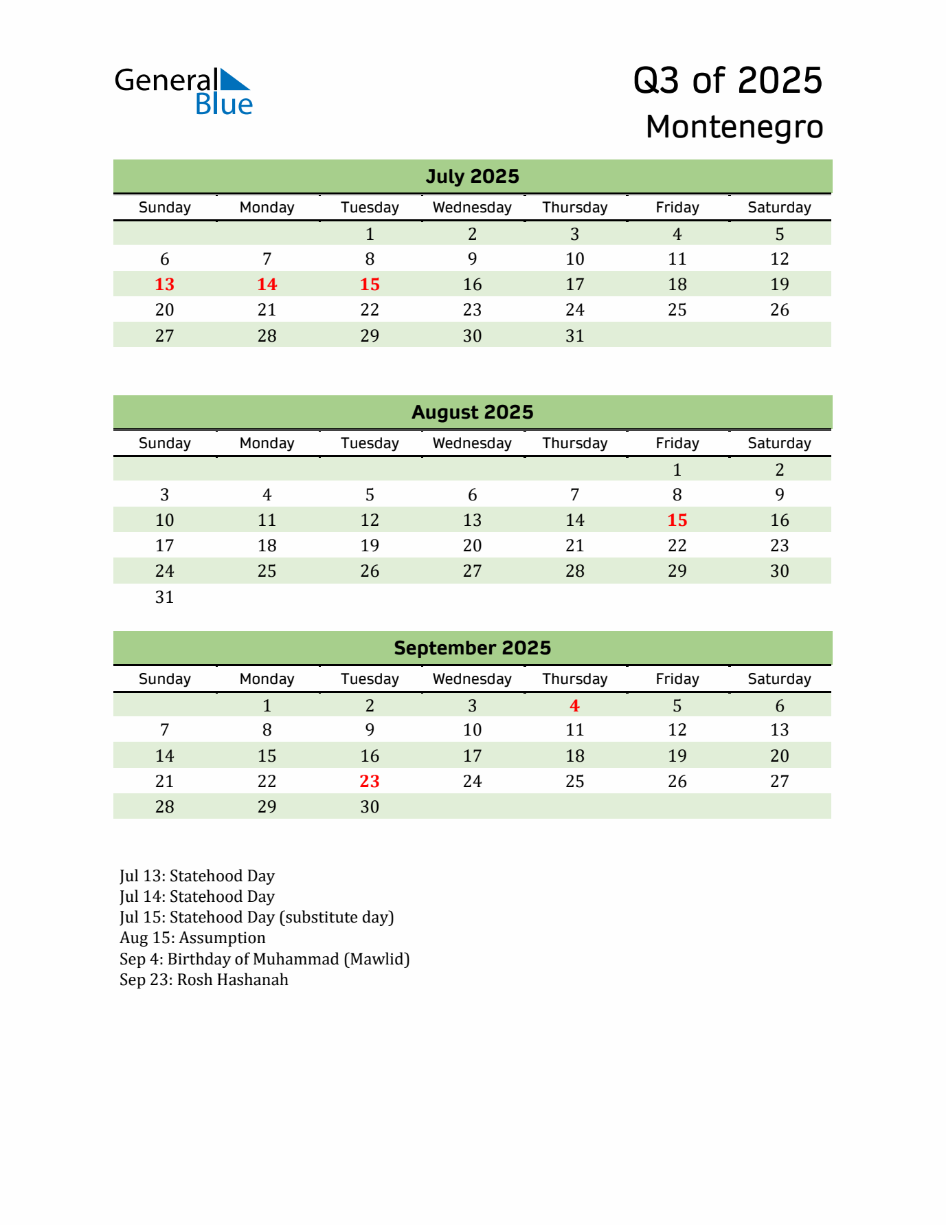 Quarterly Calendar 2025 with Montenegro Holidays