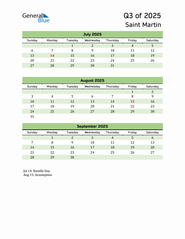 Quarterly Calendar 2025 with Saint Martin Holidays