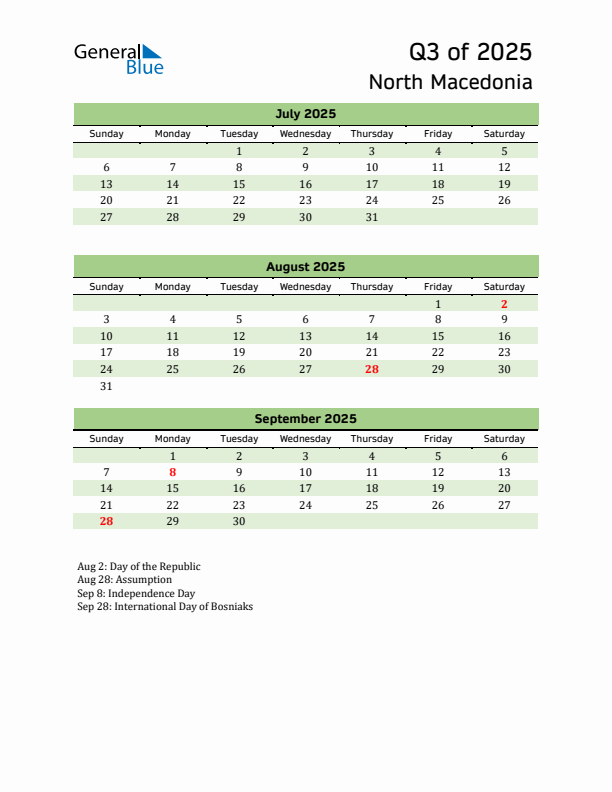 Quarterly Calendar 2025 with North Macedonia Holidays