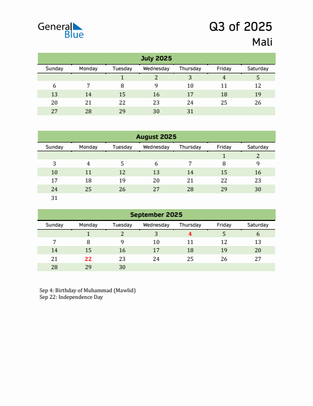 Quarterly Calendar 2025 with Mali Holidays