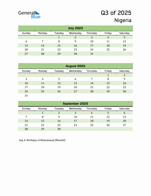 Quarterly Calendar 2025 with Nigeria Holidays