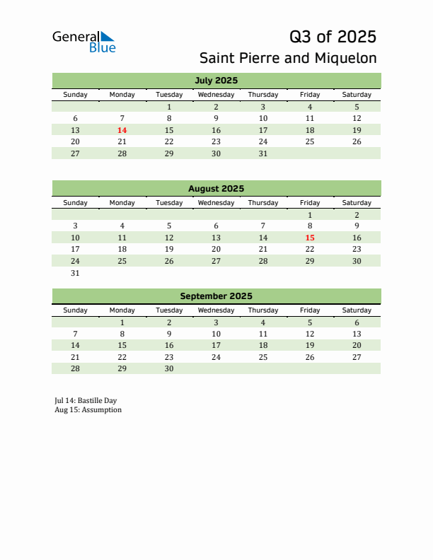Quarterly Calendar 2025 with Saint Pierre and Miquelon Holidays