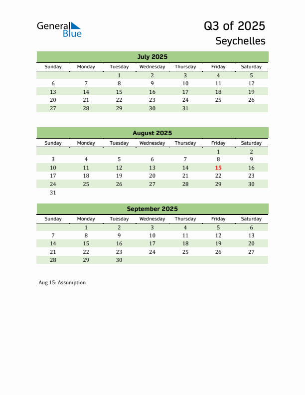 Quarterly Calendar 2025 with Seychelles Holidays