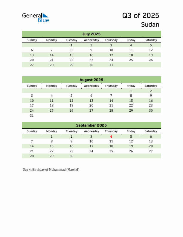 Quarterly Calendar 2025 with Sudan Holidays