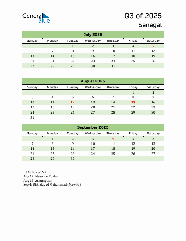 Quarterly Calendar 2025 with Senegal Holidays