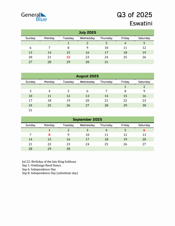 Quarterly Calendar 2025 with Eswatini Holidays