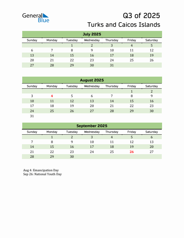 Quarterly Calendar 2025 with Turks and Caicos Islands Holidays