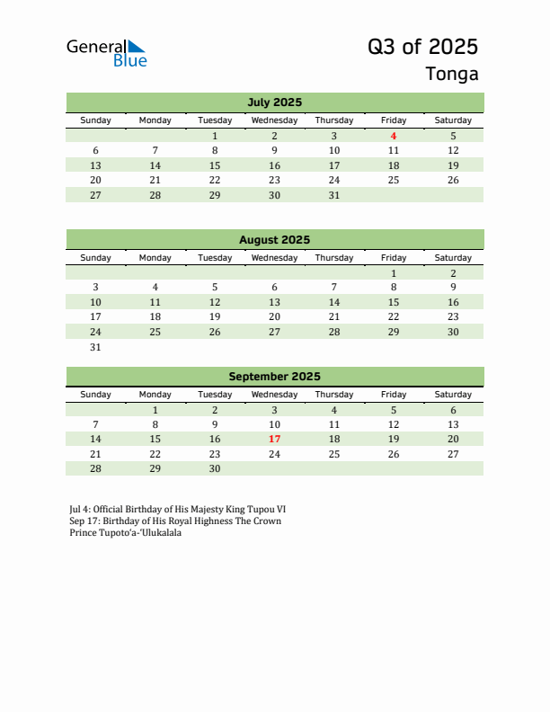 Quarterly Calendar 2025 with Tonga Holidays