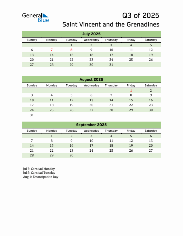 Quarterly Calendar 2025 with Saint Vincent and the Grenadines Holidays