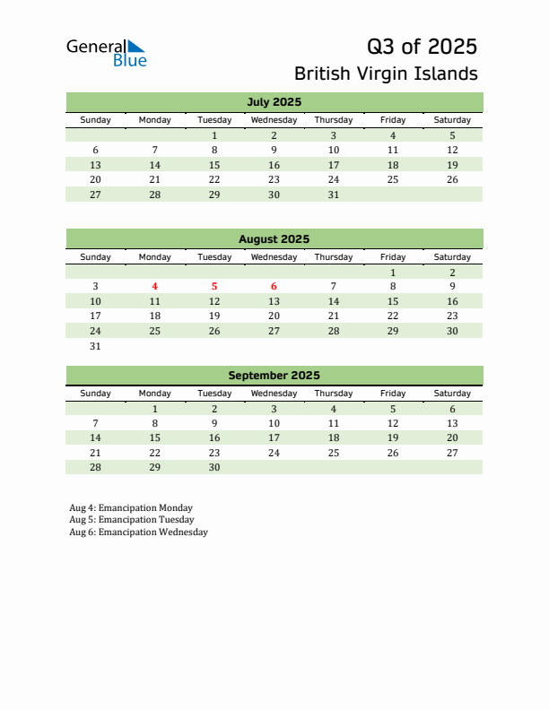 Quarterly Calendar 2025 with British Virgin Islands Holidays