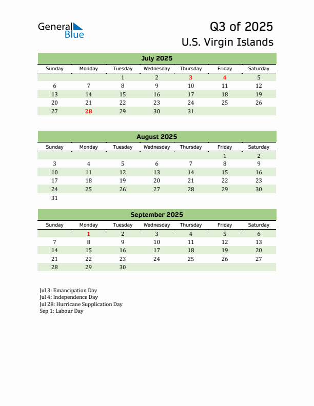 Quarterly Calendar 2025 with U.S. Virgin Islands Holidays