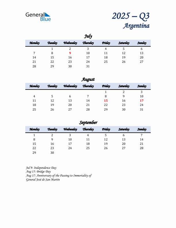 July, August, and September Calendar for Argentina with Monday Start