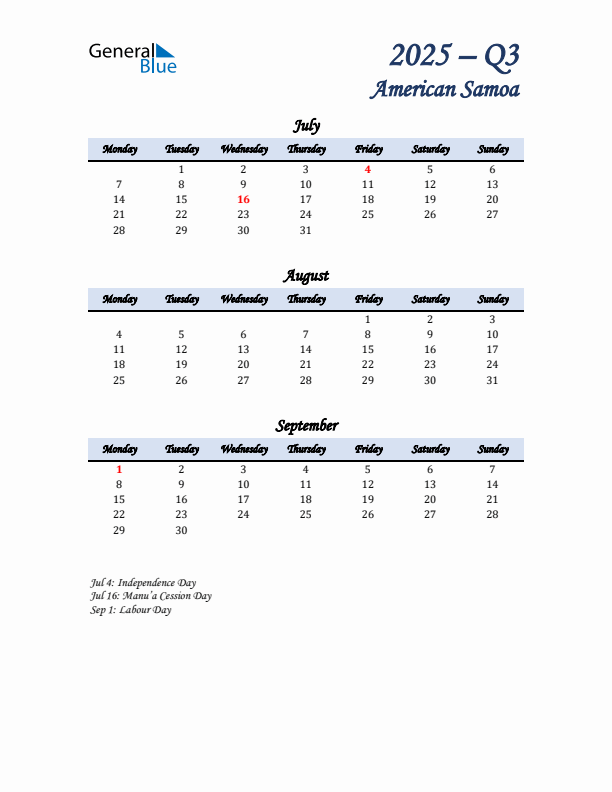 July, August, and September Calendar for American Samoa with Monday Start