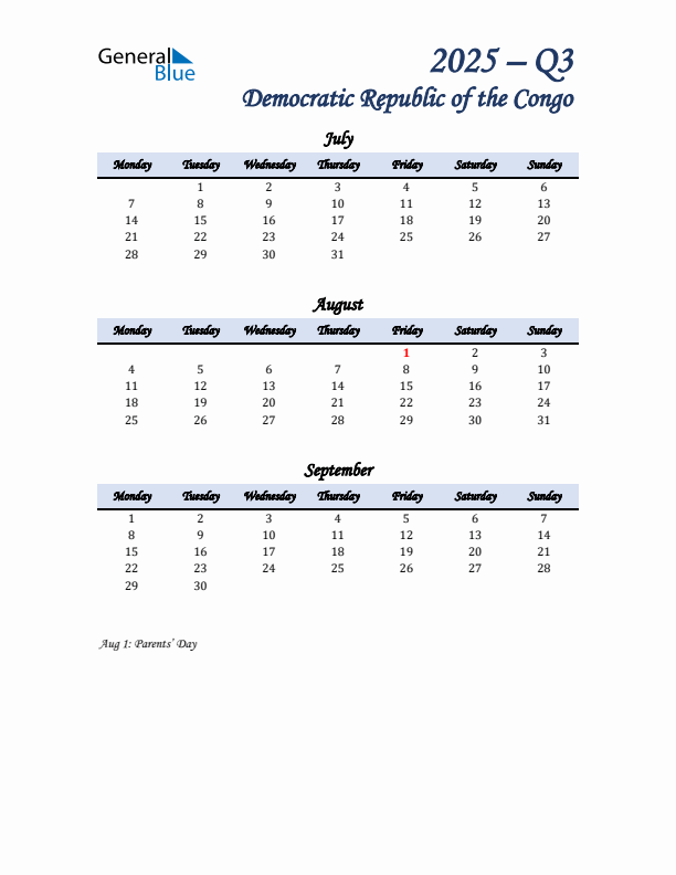 July, August, and September Calendar for Democratic Republic of the Congo with Monday Start