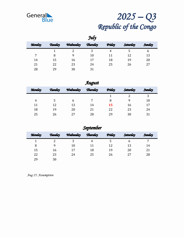 July, August, and September Calendar for Republic of the Congo with Monday Start