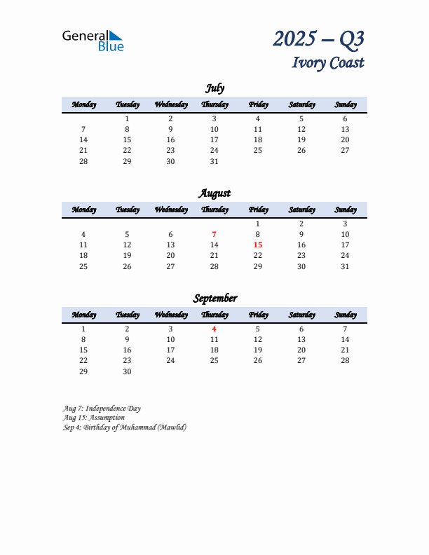 July, August, and September Calendar for Ivory Coast with Monday Start