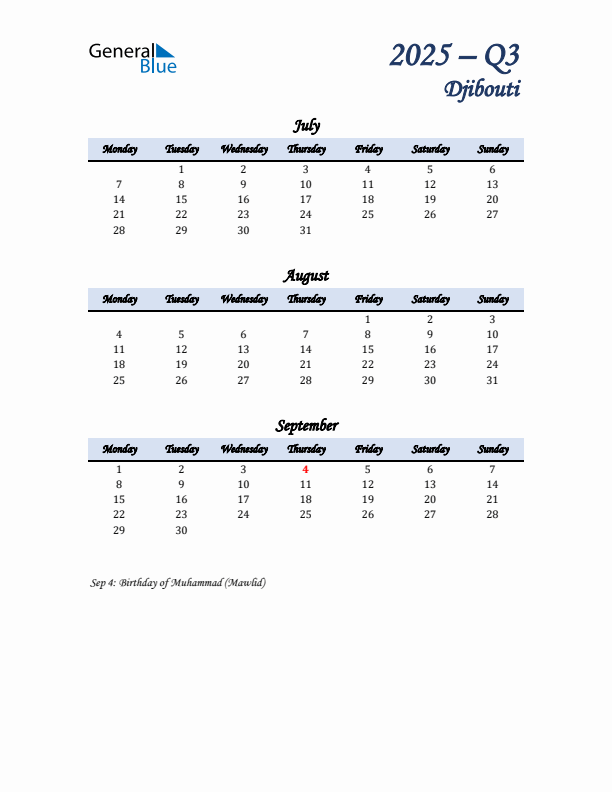 July, August, and September Calendar for Djibouti with Monday Start